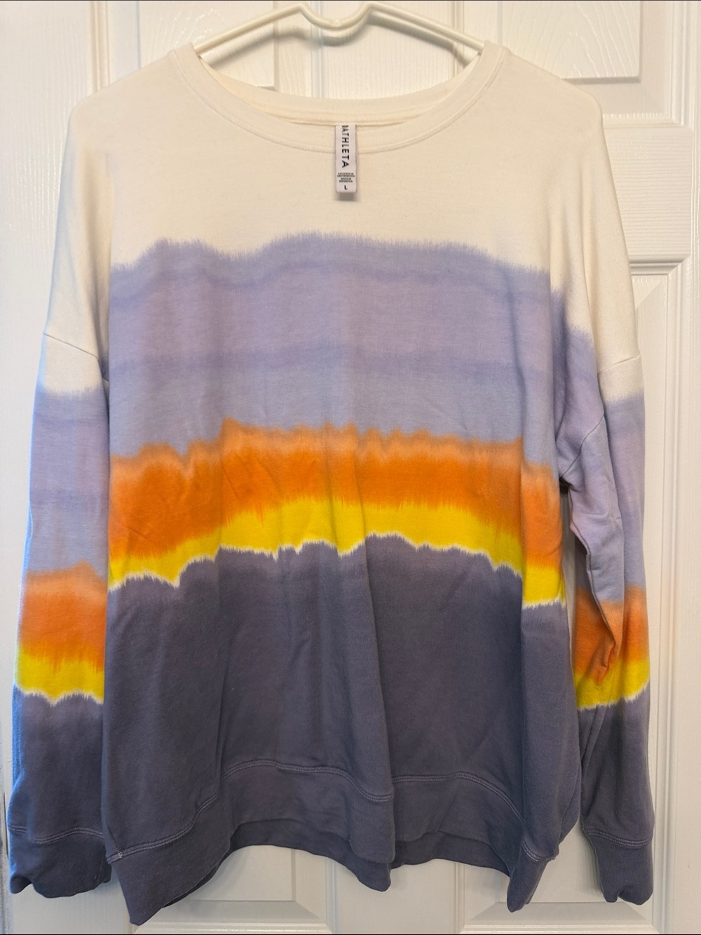 Athleta Tie-Dye Pullover Sweatshirt in White, Lavender, Orange, Yellow, and Gray
